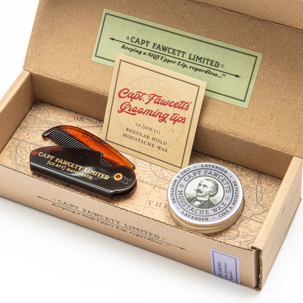 Captain Fawcett’s Moustache Wax 15ml & Moustache Comb Gift Set