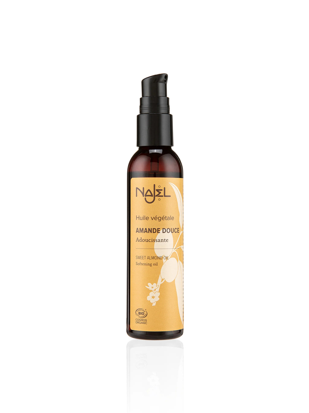 Bottle of Najel sweet almond oil spray on a white background